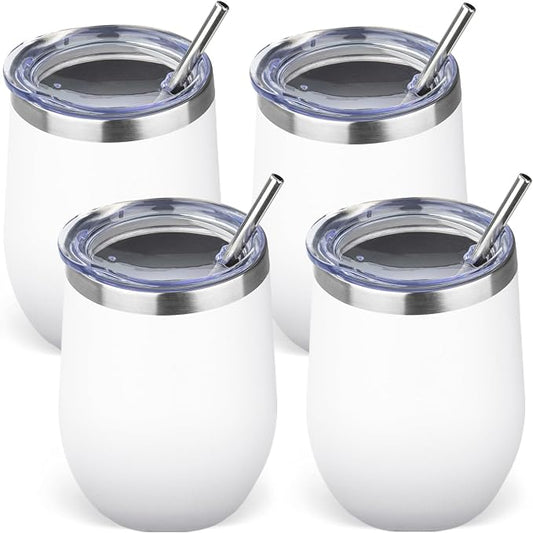 12oz/4 Pack Stainless Steel Wine Tumbler with Lid and Straw, Double Wall Vacuum Insulated Wine Tumbler Glasses, Stemless Travel Mugs for Hot and Cold Drinks, Coffee, Wine, Cocktails (White)