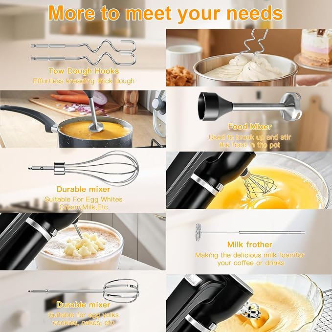 Hand Mixer, 6-in-1 Multifunctional Electric Handheld Immersion Blender Bundle and Whisk, Milk Frother, Food Chopper