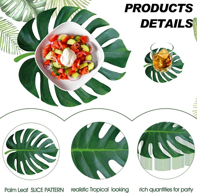 Geosar 200 Disposable Paper Placemats and Coasters Set Summer Hawaiian Luau Placemat with Coasters Outdoor Indoor for Greenery Jungle Dining Table Decoration Shower Birthday(Palm Leaf)