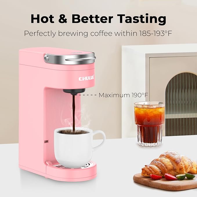 CHULUX Slim Single Serve Coffee Maker for K Cup, Compact Size, Salmon Pink | Fast-Heating Boiler System, 4-Hole Needle for Richer Flavor, Adjustable Drip Tray for 7.3" Travel Mug, Food Grade Material