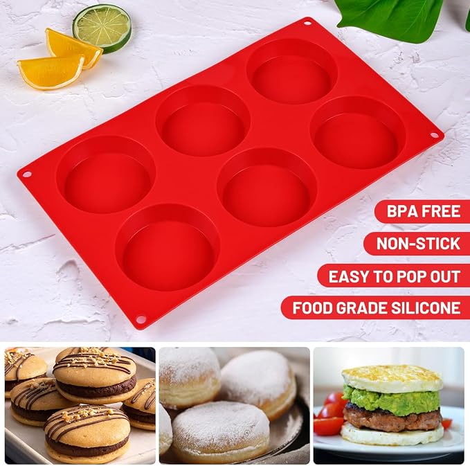 CAKETIME Muffin Top Pan, Silicone Egg Molds for Breakfast Sandwiches 3 Inch Round Egg Baking Pan for Oven English muffins, Whoopie Pies, Corn Bread, bites, Tarts 2 Pack Red