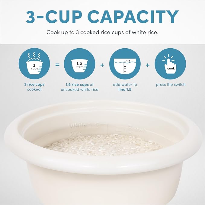 AROMA CoreCoat™ Mini Rice Cooker (3 Cups Cooked) with Nonstick Ceramic Pot Coating, Glass Lid, and Pop-Up Steamer Tray, 0.8 Quart