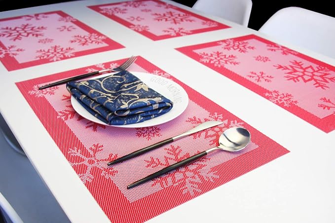 PIGCHCY Christmas Placemats Snowflake Woven Heat Resistant Placemats Washable Easy to Clean Table Mats for Dining Room and Decor(Set of 6, Red)
