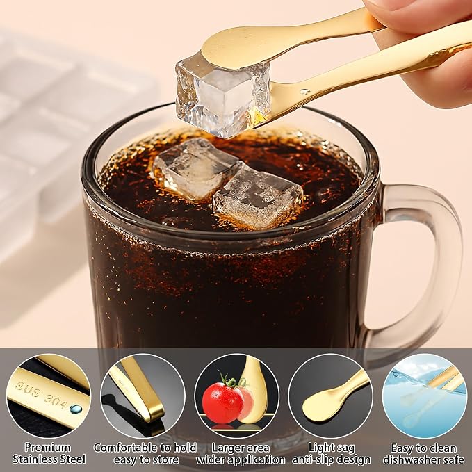 8PCS Gold Mini Metal Tongs,4.3"/11cm,Stainless Steel 304,for Ice Cube,Sugar | Kitchen Accessories for Serving Food, Salad, Toaster, Desserts