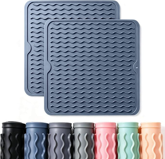 2 Pack Caketime Silicone Dish Drying Mat for Kitchen Counter Multiple Usage for Baking Cooking Grilling Under Sink Office Coffee Accessories Apartment Appliances Pioneer Woman Stuff 12"x12" Blue