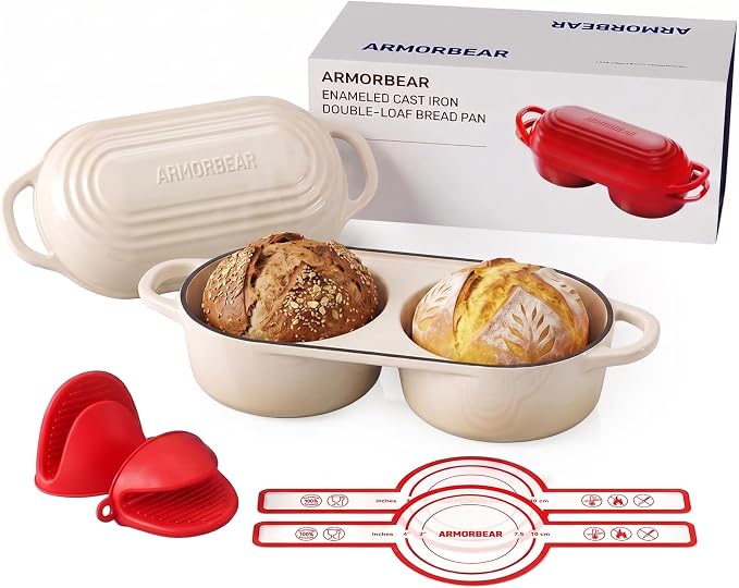 Mini Double Dutch Oven for Sourdough, Enameled Cast Iron Bread Pan, White | Double Loaf Bread Pan with Lid, Mini Sourdough Dutch Oven for Bread Baking