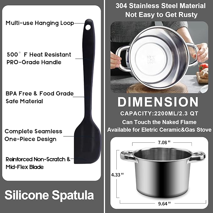 1.1QT Double Boiler Chocolate Melting Pot with 2QT 304 Stainless Steel Pot | 304 food-grade steel, rust-proof. Melt chocolate, butter, candy, wax, soap. Stovetop safe, Dishwasher safe