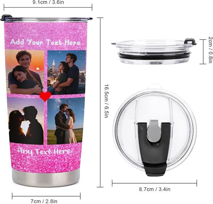 Personalized Tumbler Custom Vacuum Insulated Travel Mug Customizable Coffee Cup with Your Photos and Text Christmas Birthday Gift (4 Photos+Text)