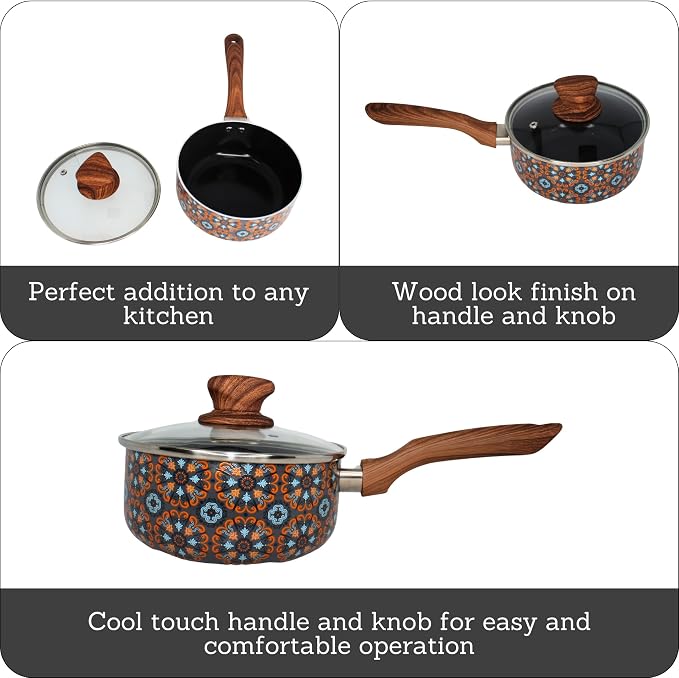 IMUSA 1.5 Qt Talavera Aluminum Black Ceramic Saucepan with Glass Lid | Ceramic Nonstick Coating, Woodlook Soft-Touch Handle with Glass Lid, Ideal for Mexican Dishes and Everyday Cooking