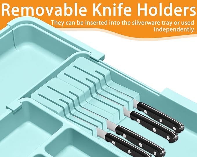 Silverware Organizer - Expandable Large Kitchen Drawer Organizer Utensil Organizer with 2 Knife Block Inserts, 22"x 19"Cutlery Tray with Drawer Dividers for Kitchen Flatware (Turquoise)
