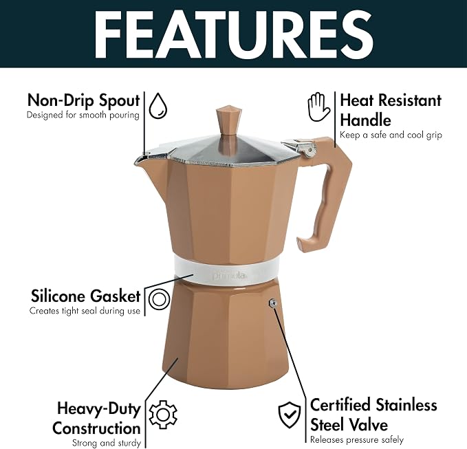 Primula Classic Moka Pot Stovetop Espresso and Coffee Maker, Italian and Cuban Cafetera for Rich Espresso Brewing, Durable Aluminum Greca Coffee Maker with Easy Grip Handle, 6-Cup, Caramel