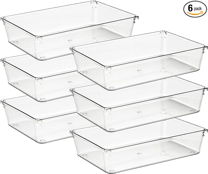 Ravinte 6 Pack Drawer Organizer, 6" x 9" Plastic Storage Bins | Acrylic Tray Design, Non-Slip Pads, For Makeup, Jewelry, Kitchen Utensils, Bathroom, Office Storage