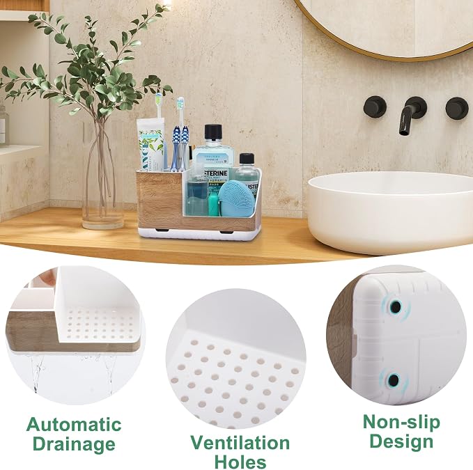 Toothbrush Holders for Bathrooms Countertop Organizer (Wood Grain) | Easy To Clean, Drainage, Non-Slip, Detachable, Kids Electric Toothbrush and Toothpaste Holder
