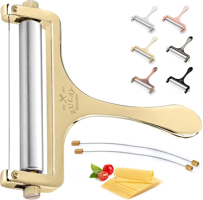 Zulay Kitchen Cheese Slicer With Adjustable Thickness – Heavy Duty Block Slicer with 2 Extra Wires – Ideal for Mozzarella, Cheddar, Gouda - Gold