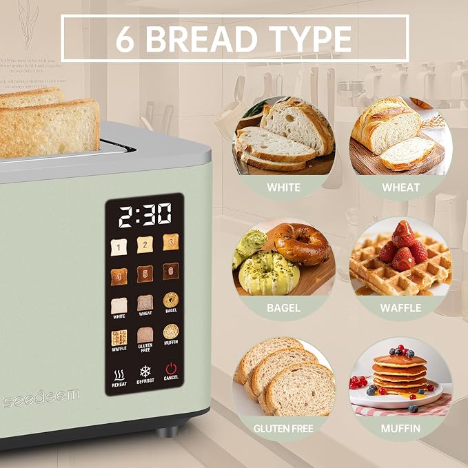 SEEDEEM 2 Slice Toaster with Full Touch Screen, Stainless Steel, 6 Bread Types & 6 Shade Settings, Countdown Display, Removable Crumb Tray, 900W, Green