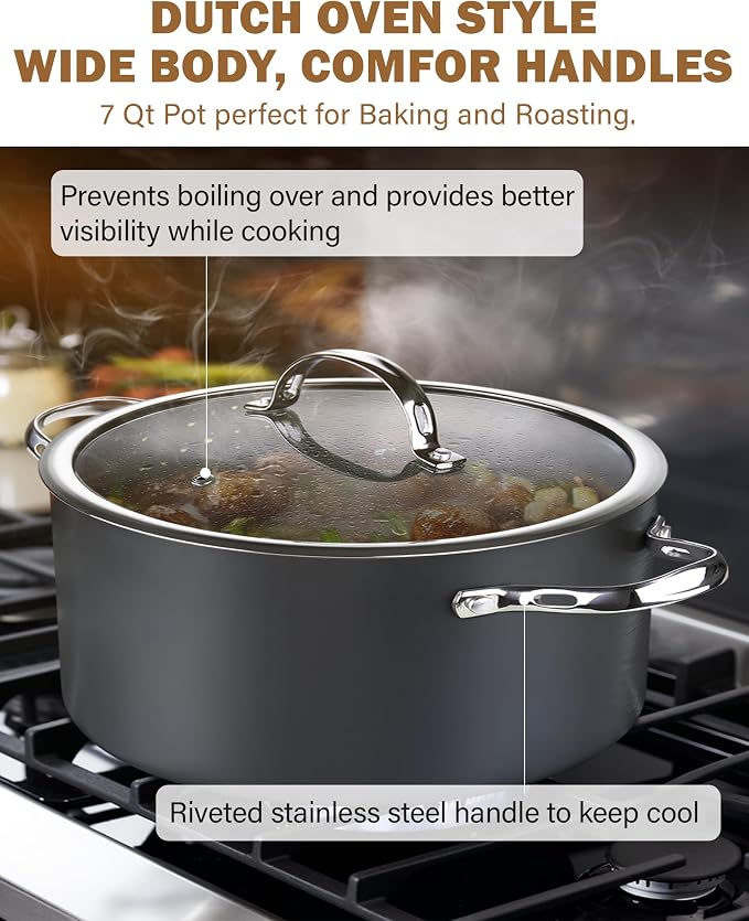 Cooks Standard Classic 7-Quart Hard Anodized Nonstick Stock Pot Dutch Oven | Heavy-Gauge Aluminum Body & Vented Tempered Glass Lid. Fits gas, electric & ceramic cooktops, Not Induction, Black