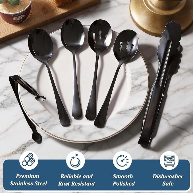 Mwellewm 18Pcs Serving Utensils Set Serving Tongs Serving Spoons for Buffet | Dishwasher Safe, Black Stainless Steel Tableware, Metal Cutlery, for Parties Weeding Entertaining Catering Banquet Birthday