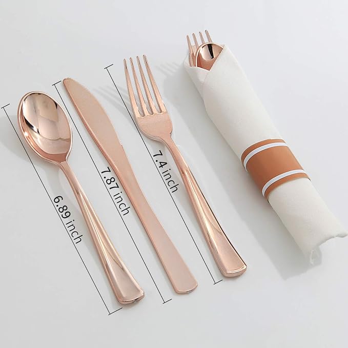 30 Pack Pre Rolled Rose Gold Plastic Silverware, Linen Napkin | Heavy Duty Disposable Wrapped Flatware Cutlery Set for Bridal Showers, Weddings, Birthdays & Graduations