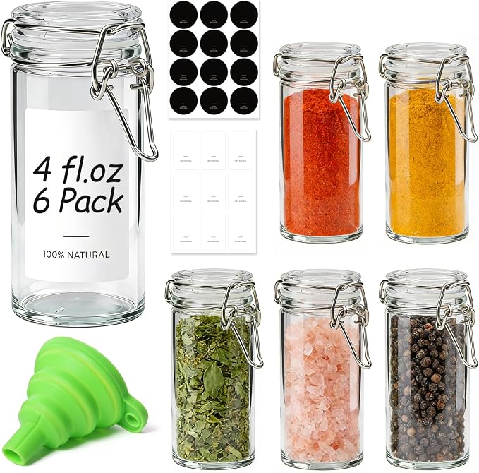 ComSaf Small Glass Spice Jars with Airtight Lids 4 oz 6 Pack with Labels | Seasoning herbs powders, Salt pepper chili, Spice rack cabinet organization, Small size, Funnel included, Party favors