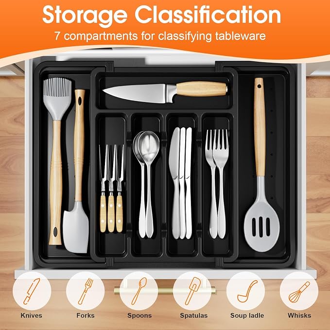 SpaceHacks Silverware Organizer，Adjustable & Expandable Drawer Organizer | Utensil Drawer Organizer, BPA Free Utensil Holder, Cutlery Tray for Forks, Spoons, Knives in Kitchen, Medium, Black