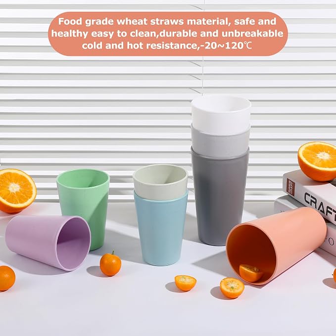 HEYCOME Set of 16 Wheat Straw Cups, 16 Pcs 20 oz Unbreakable Drinking Cups, Reusable Plastic Cups Sets, Water Glasses Tumblers, Microwave & Dishwasher Safe, Bpa Free, 4 Colors