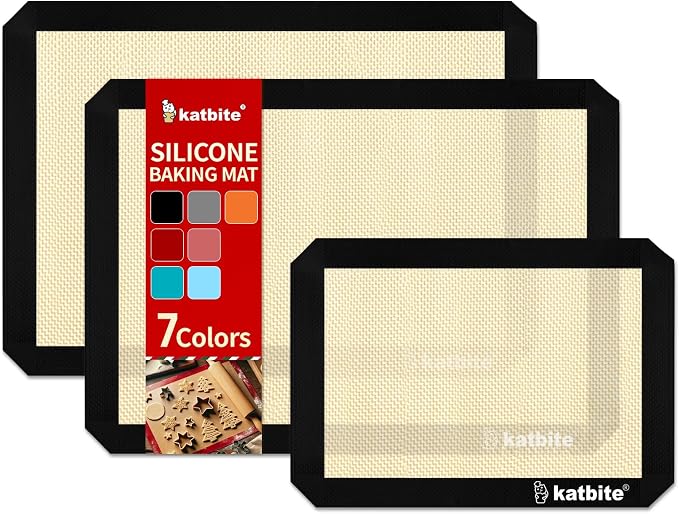 Katbite Silicone Baking Mat Set of 3 Black | 2 Half Sheets Mats + 1 Quarter Baking Sheet, Reusable & Nonstick Bakeware Mats for Cookies, Macarons, Bread