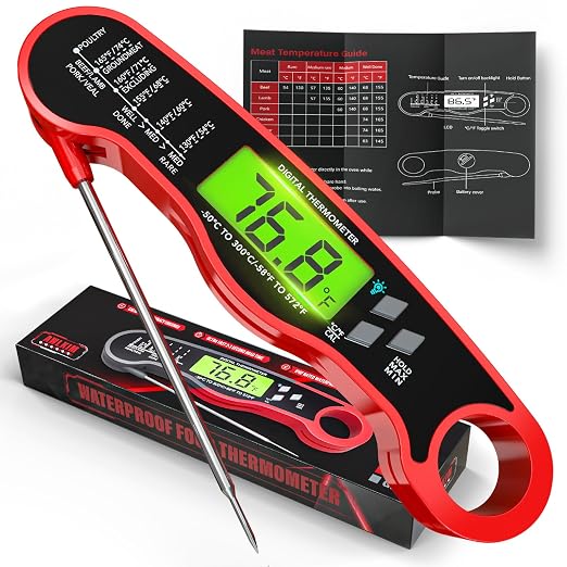 AWLKIM Meat Thermometer Digital, Instant Read Food Thermometer, Red | Waterproof cooking thermometer with doneness chart, backlight, F/C switch for BBQ, candy, oil