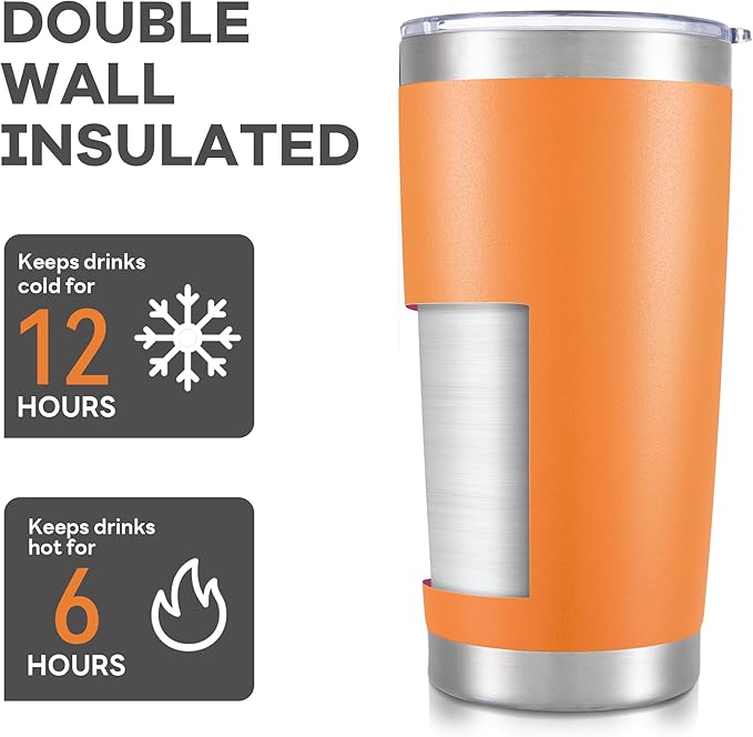 20 oz Tumbler with Lid Stainless Steel Insulated Tumblers Bulk Cups Mug | Double Wall Vacuum, Powder Coated, Keep Drinks Cold and Hot, Waterproof Lid, Fit of Car Cup Holders, Orange, 8 Pack