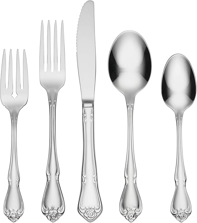 Oneida True Rose 20-Piece 18/0 Silverware Set for 4, Flatware | mirror finish, dishwasher safe | includes knives, forks, and spoons | heavy duty, cutlery set for kitchen and dining
