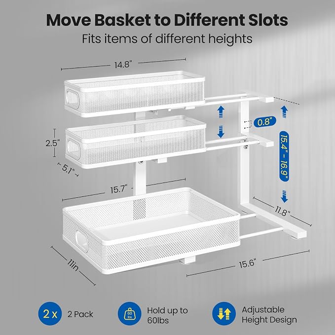 Under Sink Organizer, 3-Tier Pull Out Cabinet Organizer with Drawer Stops, Height Adjustable Slide Out Storage Rack for Kitchen Bathroom Pantry Laundry Room Organization, 2 Pack