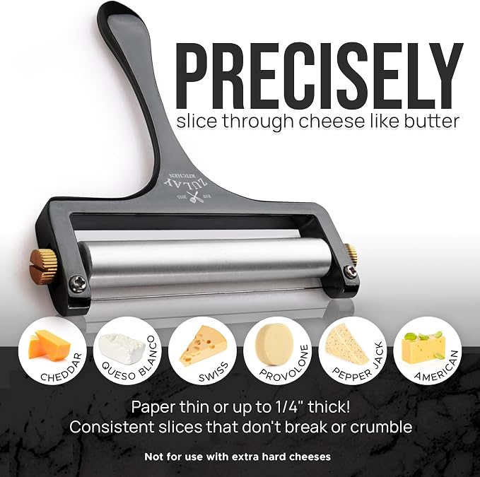 Zulay Kitchen Stainless Steel Wire Cheese Slicer - Adjustable Hand Held Cutter with 2 Extra Wires - Premium Cheese Shaver For Mozzarella, Cheddar, Gruyere - Black