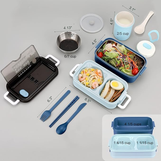 2-Tier Bento Lunch Box for Men & Adults with Insulated Lunch Bag | 50 OZ Large Capacity Bento Box with BPA-Free Utensils & Cup & Sauce Container, Leakproof, Microwave Safe for Work & Meal Prep