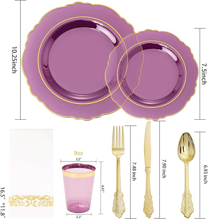 KIRE 210Pcs Purple Plastic Plates with Gold Rim& Silverware &Cups&Hand Napkin - Baroque Clear Plastic Dinnerware for Upscale Wedding/Parties Plates | Include 60pcs Clear Purple and Gold Plates, 30pcs Plastic Silverware, 30pcs Napkins and 30pcs Cups Ser...