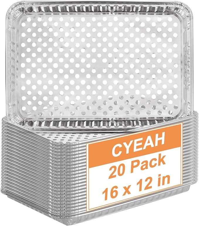 CYEAH 16 x 12 in Large Aluminum Foil Grill Topper Pans, 20 Pcs BBQ Grill Topper Pan with Holes, Non Viscous Aluminum Foil BBQ Grilling Tray for Cooking & Camping, No Clean Up Required