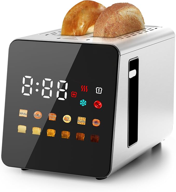 WUNLY Smart Touchscreen 2 Slice Toaster, Wide Slot, Memory & Single-Slot | Digital Timer, Extra Wide Slot for Bagels, 6 Shade Levels & 6 Bread Settings, Reheat, Defrost, Favorite,Platinum