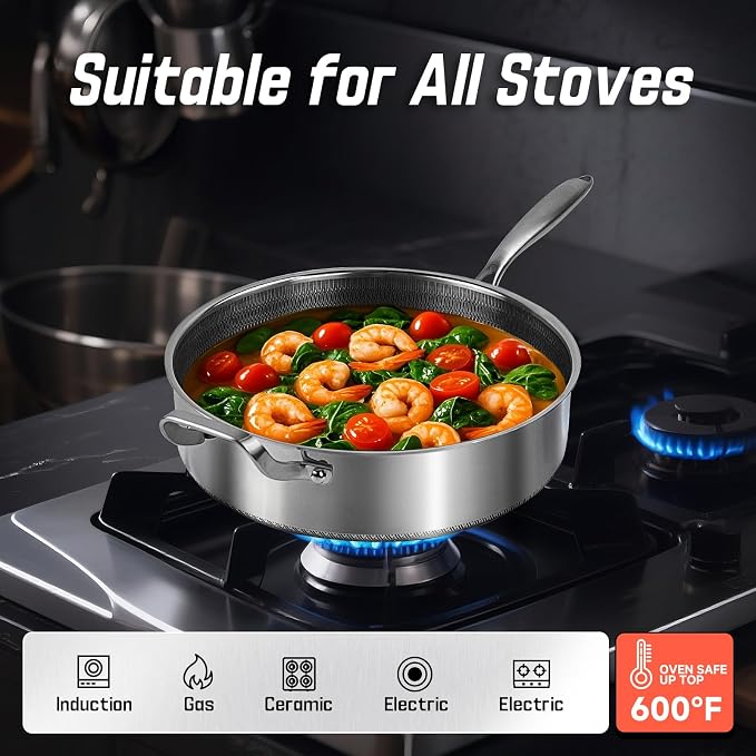 Toutrop Frying Pans Nonstick wih Lid, Non Stick Tri-Ply Stainless Steel Saute Pan, 8 Quarts Large Sauté Pan, 13.5 Inch Induction Cooking Pan, Dishwasher and Oven Safe, PFOA Free