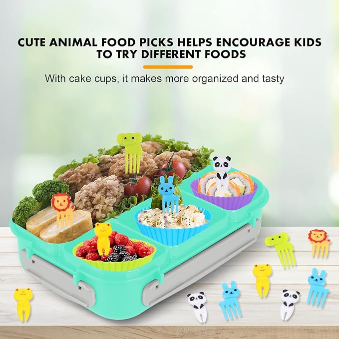 Bento Box for Kids 1300ML with 4 Compartment & Food Picks Cake Cups, Green | Lunch Box Containers for Adults/Kids/Toddler, Leak-Proof, Microwave/Dishwasher/Refrigerator Safe, BPA Free