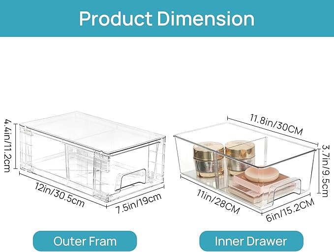 Vtopmart 10 Pack Stackable Clear Drawer with Dividers | Clear Drawer Organizers with Removable Dividers for Flexible storage. Stackable, Non-slip, for Fridge, Under Sink & Bthroom