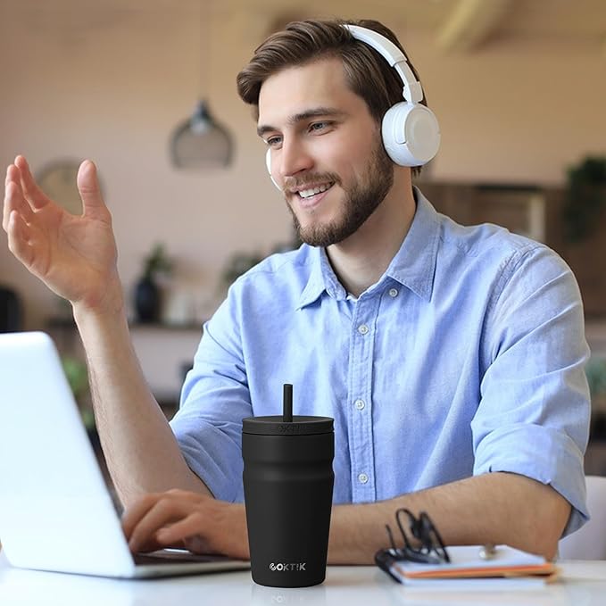 COKTIK 16oz Insulated Tumbler with Lid and Straw Iced Coffee Cup Reusable Stainless Steel Travel Mug Water Bottle Cupholder Friendly for Women Men Her Him (Bay Leaf)