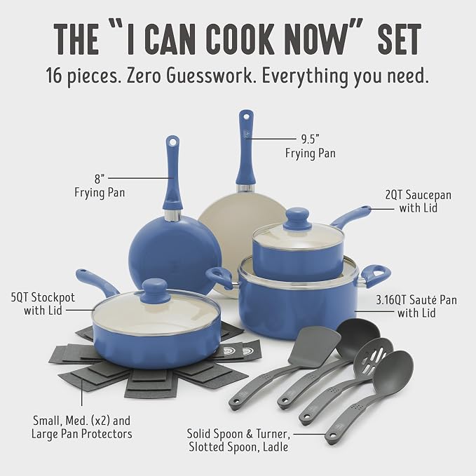 GreenLife 16pc Ceramic Nonstick Pots & Pans Cookware Set, Slate Blue | PFAS-Free Nonstick Coating, Stockpot, Frying Pans, Saucepan, Sauté, Induction Ready, All Stovetop Compatible, Dishwasher Safe