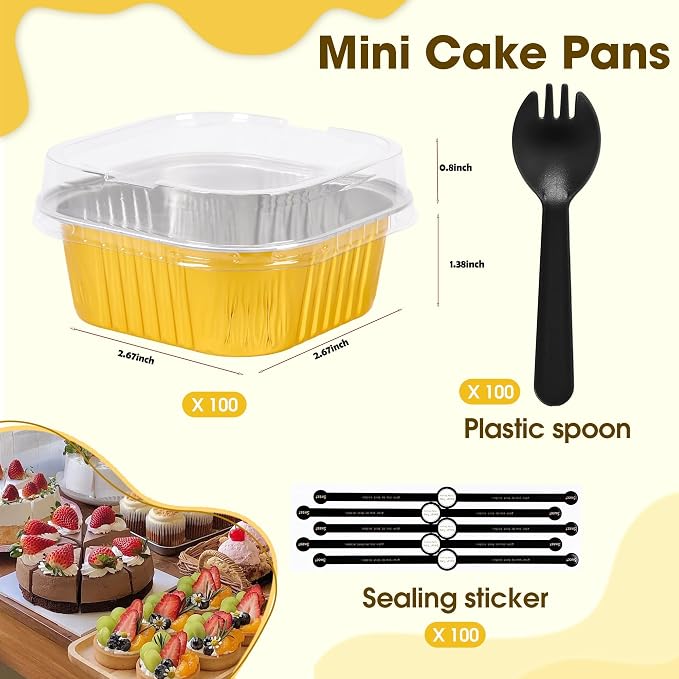 100 Pcs Mini Cake Pans with Lids, 5oz Square Aluminum Foil Brownie Baking Cups, Dessert Cupcake Cups with lids, Disposable Loaf Pans Cupcake for Wedding Birthday Party (White)