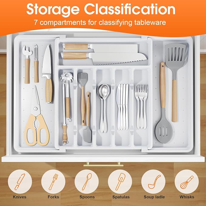 SpaceHacks Silverware Organizer，Adjustable & Expandable Drawer Organizer | Utensil Drawer Organizer, BPA Free Utensil Holder, Cutlery Tray for Forks, Spoons, Knives in Kitchen, Large, White