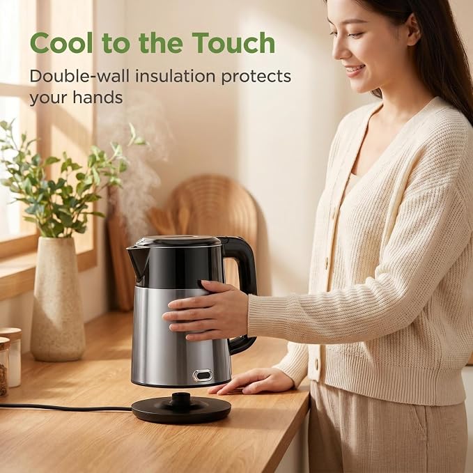 1L Small Travel Electric Kettle 1000W Portable Mini Hot Water Boiler | 304 Stainless Steel,Fast Boiling, Double Wall, Auto Shut-Off,Boil Dry Protection,Cordless 360° Base for Tea and Coffee