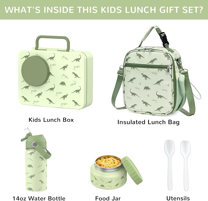 Bento Lunch Box for Kids Adult, Leakproof 3-4 Compartment Bento Box Set with Insulated Food Jar,Water Bottle, Lunch Bag, School Lunch Container for Toddler Teen Girls Boys Ages 3+(Dinosaur)