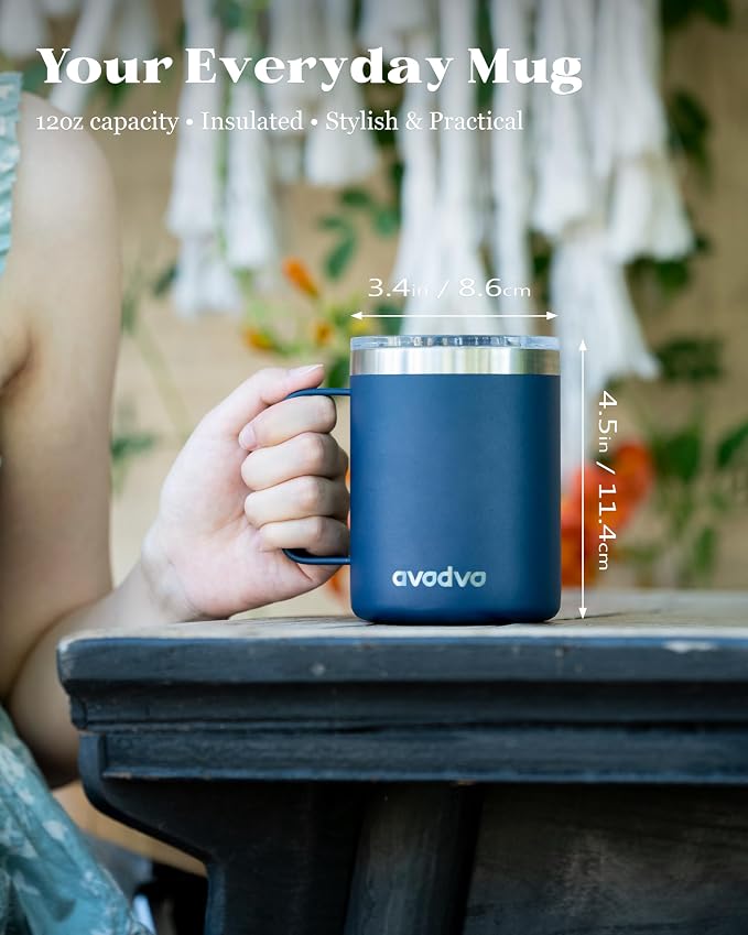2 Pack 12oz Insulated Coffee Mug with Lids – Double Wall Stainless Steel Travel Cups with Handle, Keep Hot & Cold Drinks, Ideal Gift for Coffee Lovers, Home, Office & Camping, Navy Blue