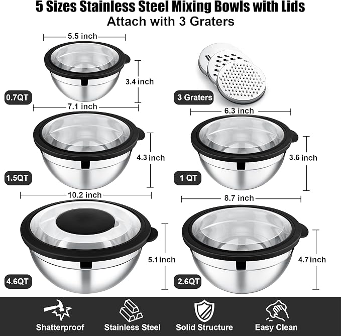 E-far Mixing Bowls Set of 5, Stainless Steel Salad Mixing Bowl with Transparent Lid, Metal Nesting Bowl Attach with 3 Graters for Kitchen Prepping/Serving/Baking/Storage, 4.6/2.6/1.5/1/0.7 QT - Black