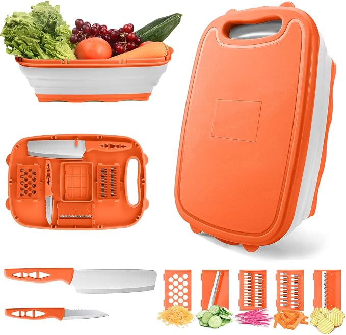 Camping Cutting Board, HI NINGER Collapsible Chopping Board with Colander, 9-In-1 Multi Kitchen Vegetable Washing Basket,Camping Gifts Accessories for RV Campers | Multi Camping Cutting Board Kitchen Vegetable Washing Basket for Camper ,bbq prep tub,Ca...