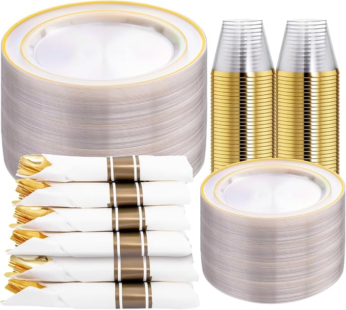 DaYammi 350PCS Clear Gold Plastic Dinnerware Set for 50 Guests Gold Plates Disposable Include: 50 Dinner Plates, 50 Dessert Plates,50 Pre Rolled Napkins with Gold Silverware,50 Cups for Party Wedding