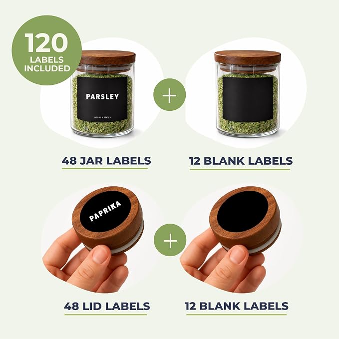 8 Pcs Glass Spice Jars with Acacia Airtight Lids and 120 Labels, 6oz Empty Containers Seasoning Bottles, Waterproof Minimalist Spice labels Preprinted, Jars for Pantry Organization and Storage