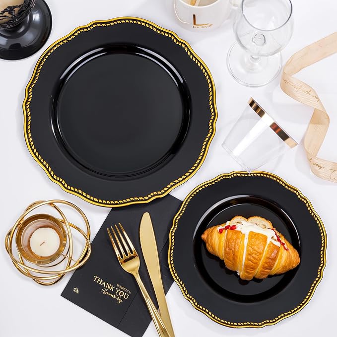 350 Pcs Black and Gold Plastic Plates for Wedding & Party | Gold Plastic Dinnerware Set Includes 50 Dinner Plates, 50 Dessert Dinnerware, 50 Cups, 50 Rolled Napkin Cutlery